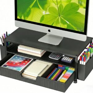 ECOLOVI Desk Organizer and Accessories, 2-Tier Computer Monitor Stand Rise with Storage Drawer & 2 Pen Holders, Laptop & Printer Stand for Desktop, Workspace Organizers for Office Supplies (Black)