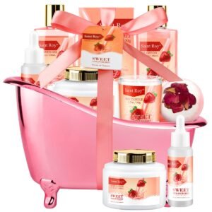 Spa Kit for Women, Bath & Body Gift Set, Home Spa Bath Gift Basket, Strawberry Scented Bath Set Christmas Gifts for Women, Pamper Gifts for Girls & Teens, Birthday Gift, Bath Self Care Gift