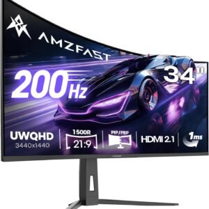 Amzfast 34 Inch Curved Monitor 200Hz UWQHD (3440×1440) Gaming Monitor, 1ms G-SYNC Compatible, 1500R, PIP/PBP, HDR, 131% sRGB, Tilt/Swivel/Height Adjustable,TÜV Rheinland, HDMI 2.1 x 2 & DP 1.4 x 1