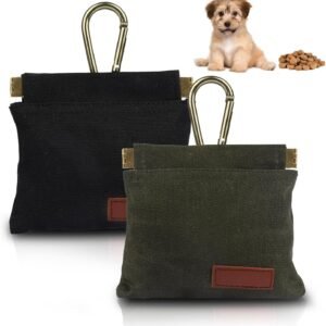 2Pcs Dog Treat Pouches for Pet Training, Hand Free Puppy Dogs Treat Bag with Carabiner, Portable Auto Closing Pet Dog Walking Bag for Travel or Outdoor Use, Pets Feed Snack Reward Pocket- Black, Green