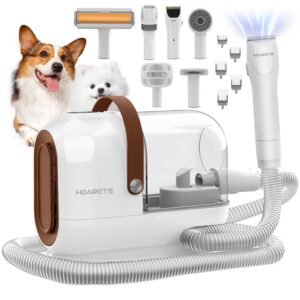 HEAPETS Dog Grooming Vacuum Kit – 3L Vacuum with 7 Tools, Low Noise Electric Clipper and Brush for Pet Shedding at Home, White