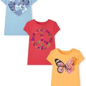 The Children’s Place Girls’ Unicorns,Butterfly Short Sleeve Graphic T-Shirts,3 Pack