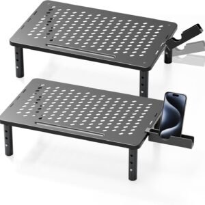 Computer Monitor Stand Riser for Desk, 3 Height Adjustable PC Laptop TV Desktop Monitor Stand Shelf, Metal Printer Table with Phone Holder, Stand Riser for Desk, Office Desk Organizers and Accessories, 2 Pack