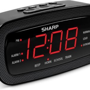 Sharp Shockwave Alarm Clock for Heavy Sleepers – 105dB Ultra-Loud Wake-Up, Air Horn, School Bell, Train Whistle, Beep, Dual Alarms, 3 Adjustable Volumes, LED Display Dimmer