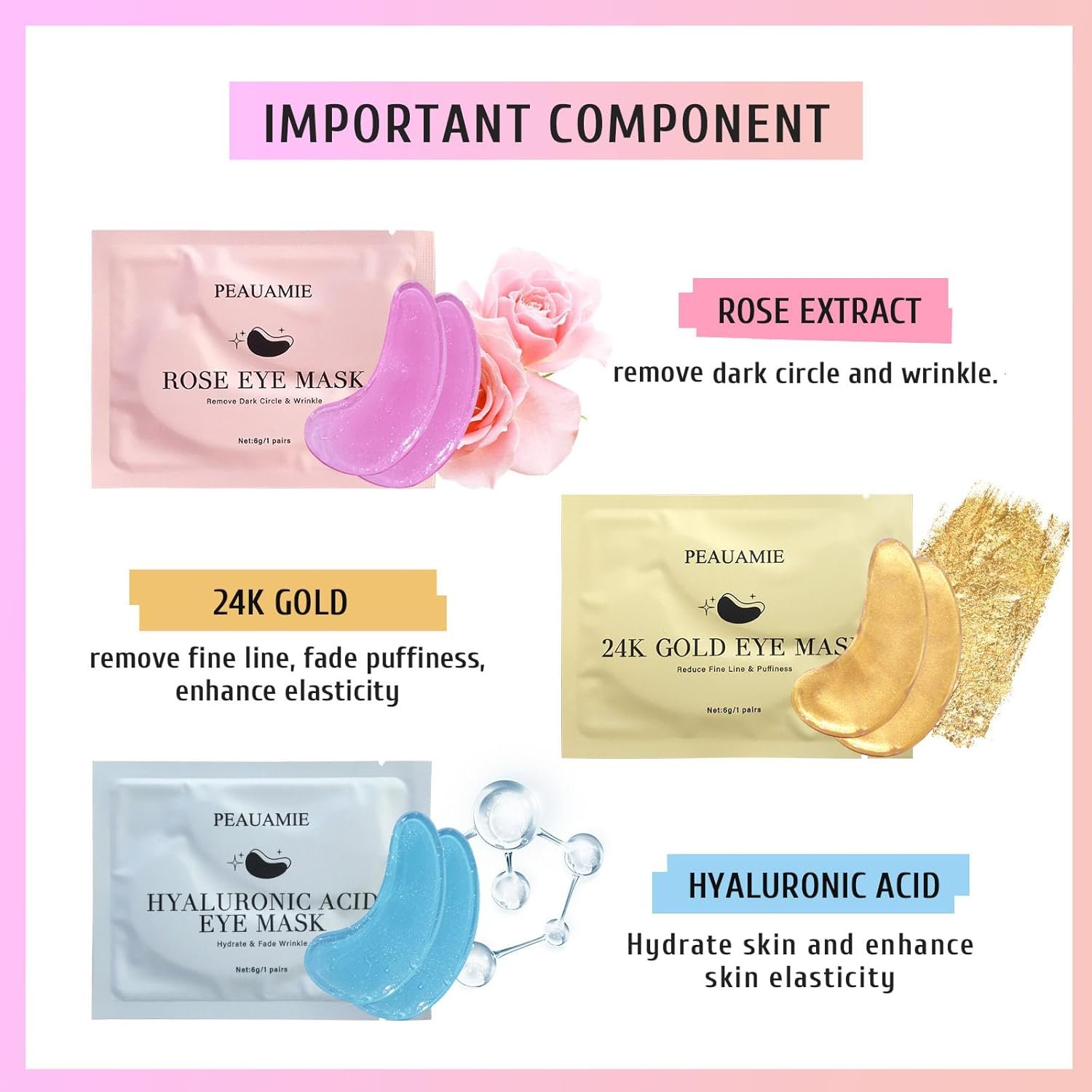 Under Eye Patches Gold and Hyaluronic Acid for puffy eyes,Rose Eye Masks for Dark Circles and Puffiness skin care Smooth Wrinkles products 30 Pairs - Image 3
