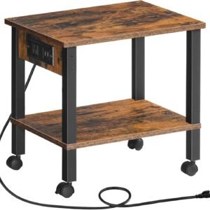 HOOBRO 2-Tier Printer Stand with Charging Station, Under Desk Printer Table, Printer Cart with Storage Shelves, Shelf for Small Spaces, for Home Office, Rustic Brown and Black BF38UPS01