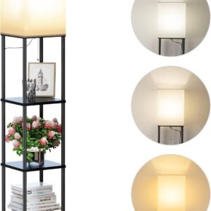 SUNMORY Floor Lamp with Shelves, Modern Square Standing Lamp with 3 Color Temperature Bulb, Corner Display Bookshelf Lamp for Living Room and Bedroom(Black)