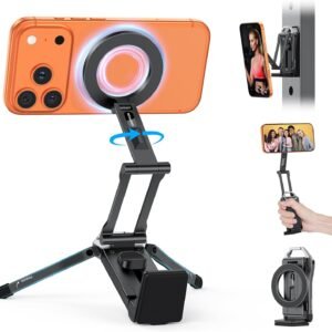 OMOTON TP02 360°Rotating for MagSafe Tripod, Adjustable Aluminum Magnetic Phone Tripod for iPhone 17/16/15/14 Pro Max Air, Foldable Cell Phone Stand Fits Vlog, Gym, Travel Essentials Accessories