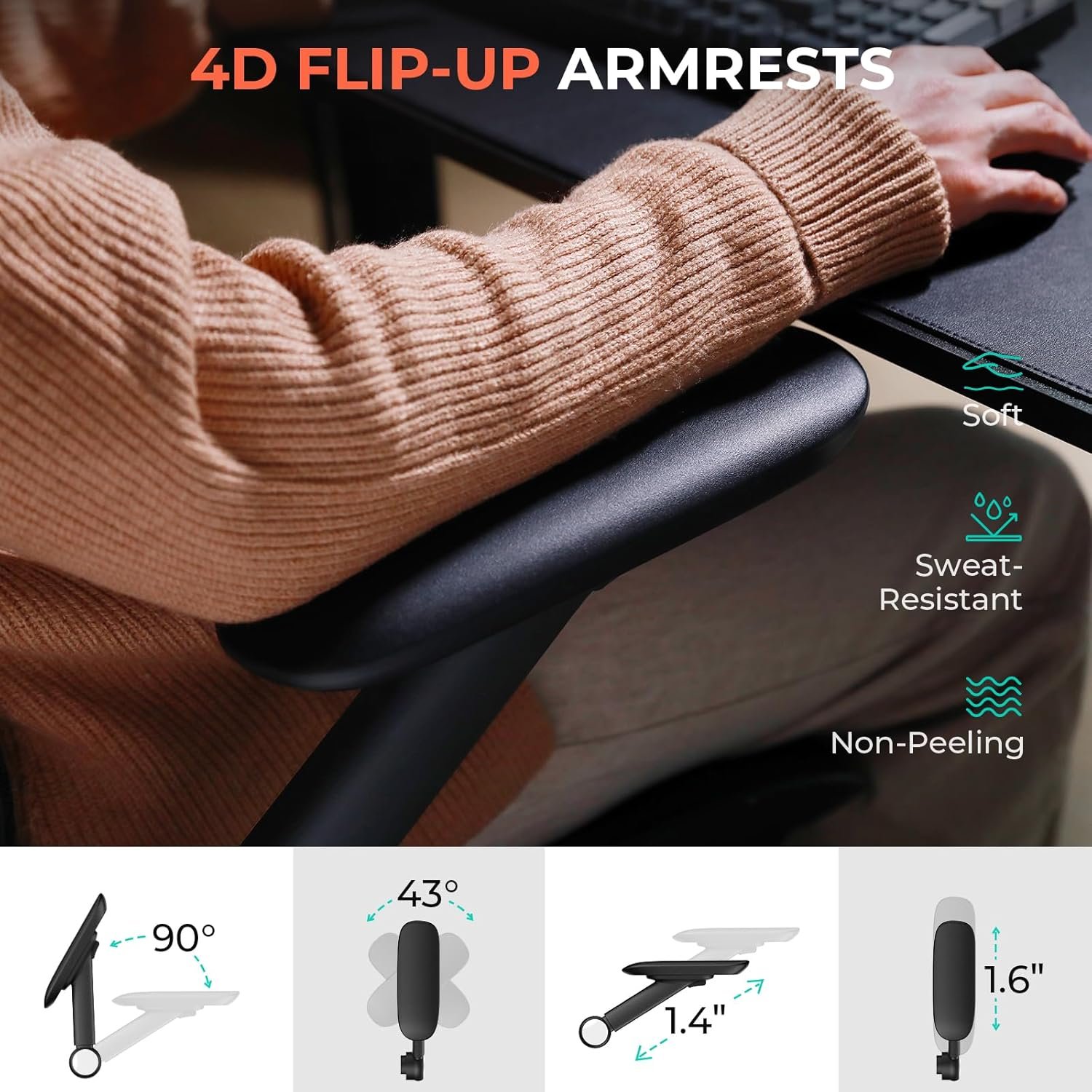 CAPOT Ergonomic Mesh Office Chair, Adjustable Lumbar High Back Desk Chair 400lbs, 4D Flip-up Arms, 3-Level Tilt Backrest, 3D Headrest, PU Wheels, Swivel Rolling Computer Seating for Long Desk Work - Image 6