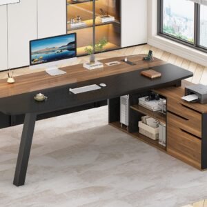 SEDETA 71″ Executive Desk with File Cabinet, Large Office Desk with Drawers and Shelves, L Shaped Computer Desk with Power Outlets, Business Furniture Desk Workstation for Home Office, Walnut