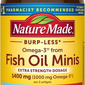Nature Made Extra Strength Burp Less Fish Oil Omega 3 Supplements 1400 mg Minis, Omega 3 Fish Oil as Ethyl Esters for Healthy Heart Brain Eyes Support, 60 Softgels, 30 Day Supply
