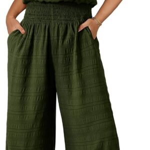 Dokotoo Women’s Casual Loose Overalls Jumpsuits One Piece Short Sleeve Wide Leg Smocked Waisted Long Pant Rompers