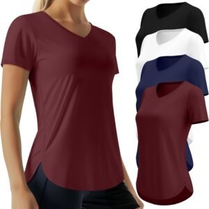 Oakgarden 4 Pack Women’s Workout Tops Quick Dry UPF 50+ Exercise V Neck UV Lightweight Gym Side Slits Curved Hem Shirts(Medium,Black, White, Navy Blue, Burgundy Red)