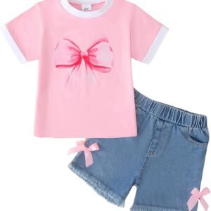 Jecson Toddler Girl Clothes Summer Cotton Print T-Shirt and Jeans Shorts Set Casual Girls 2 Piece Outfits Sets 2T-8Y