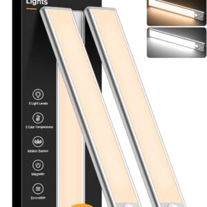 Gritin 10.2inch Under Cabinet Lighting Rechargeable 2 Pack- 3 Color Temps&5 Level Brightness, Super Bright, 4 Modes, Motion Sensor, Long Lasting – Easy Installation Magnetic Under Closet Lights