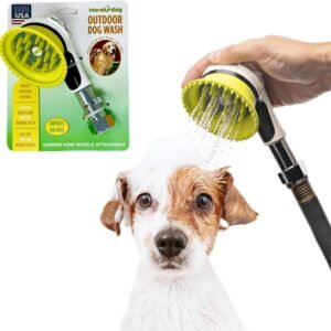 Wondurdog Outdoor Dog Wash Garden Hose Nozzle for Bath and Quick Paw Rinses. Splash Shield Handle and Rubber Grooming Brush. Metal Connection. Swivels on Hose with Water Pressure Control.