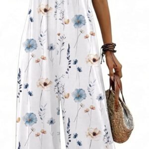 Ekouaer Wide Leg Jumpsuits for Women Casual Overalls Sleeveless Vacation Outfits One Piece Boho Printed Romper with Pocket