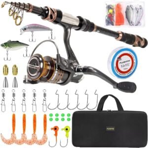 PLUSINNO Fishing Rod and Reel Combos – Carbon Fiber Telescopic Fishing Pole – Spinning Reel 12 +1 Shielded Bearings Stainless Steel BB