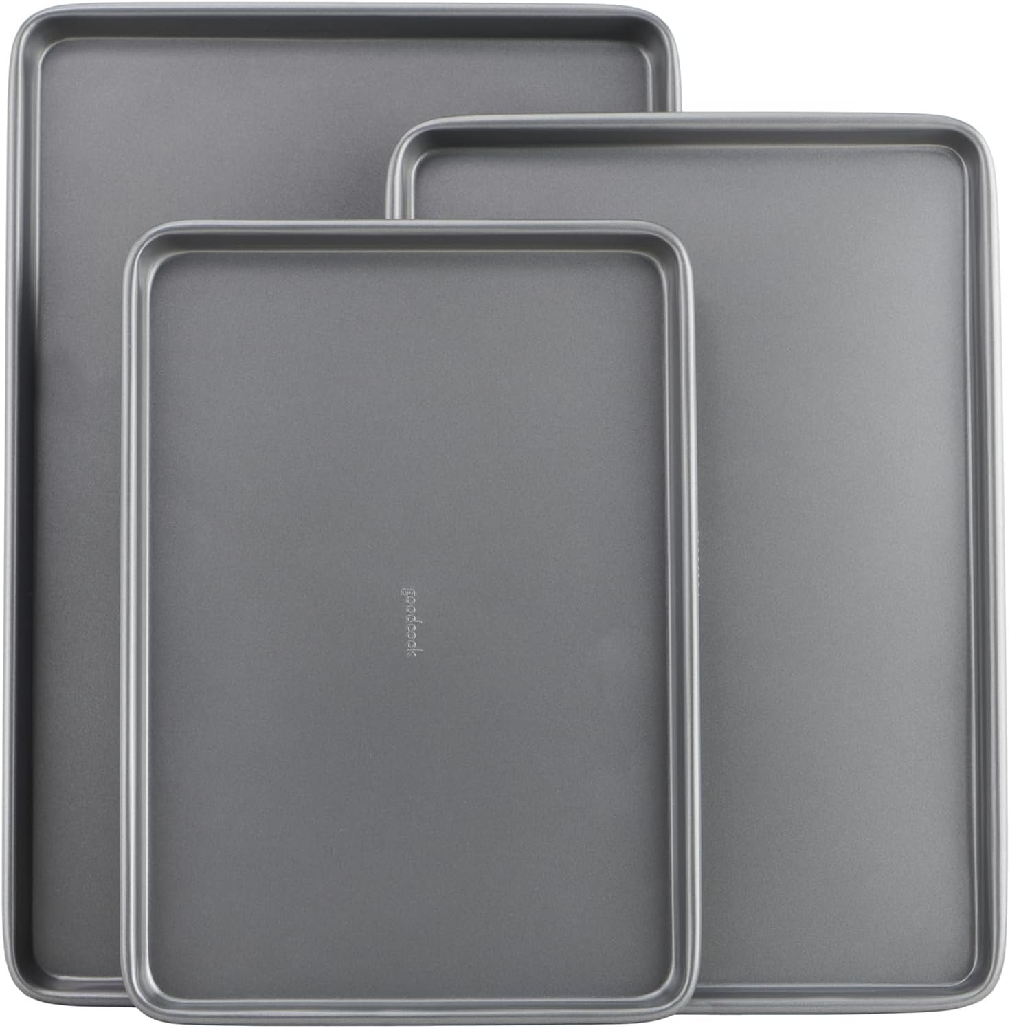 GoodCook Everyday Nonstick Baking Sheet Set, 3 Pack Includes One Small, Medium & Large Pan Carbon Steel Construction Cookie Sheet Bakeware Set, Gray