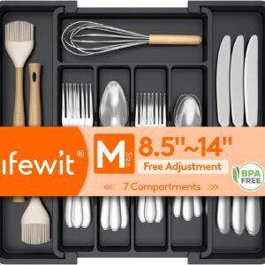 Lifewit Expandable Silverware Organizer, Plastic Utensil Tray for Kitchen Drawer, BPA Free Flatware Cutlery Holder, Space-Saving Storage for Spoons Forks Knives, 8.5-14 x 12 x 1.5 inch, Black