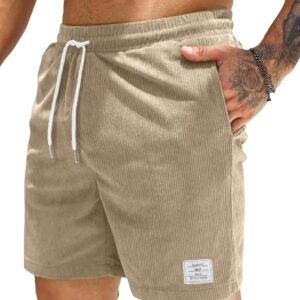JMIERR Men’s Corduroy Shorts Casual Elastic Waist Drawstring Lightweight Summer Beach Shorts