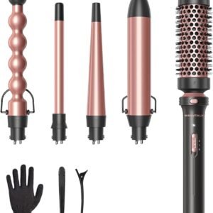 Wavytalk 5 in 1 Curling Wand Set, Multi Curl, Curling Wand Set with Thermal Brush and 4 Interchangeable Ceramic Curling Wand(0.5”-1.25”), Instant Heat Up Wand Curling Iron