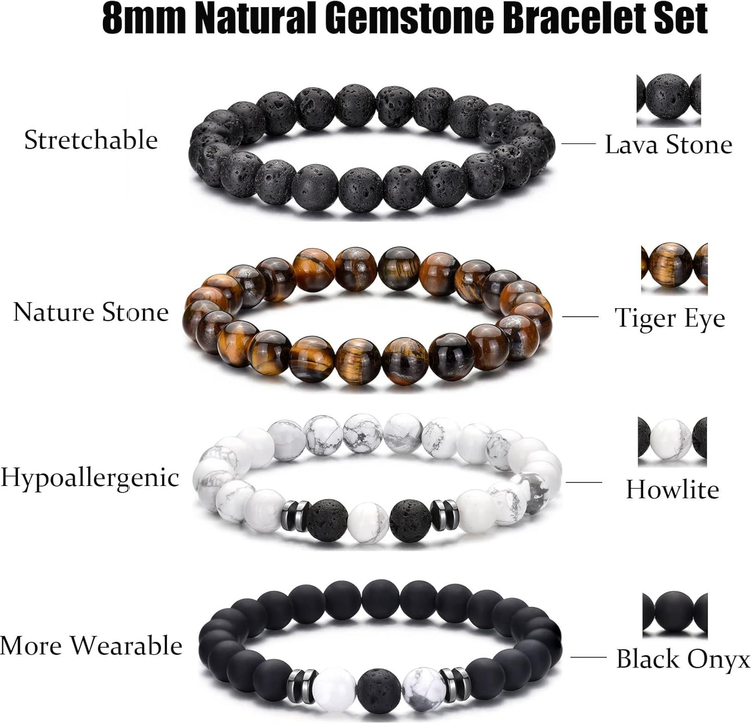 RANKEEF Tiger Eye Bracelet For Men 8MM Natural Stone Stretch Adjustable Black Crystal Beaded Bracelet for Men Women Gifts - Image 3