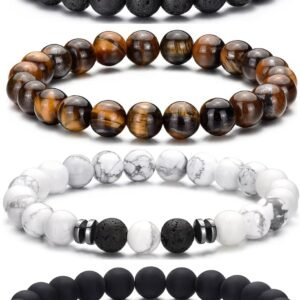 RANKEEF Tiger Eye Bracelet For Men 8MM Natural Stone Stretch Adjustable Black Crystal Beaded Bracelet for Men Women Gifts