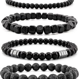 Men’s Hematite Bracelet Set Boho Multi – Tiger Eye/Matte Agate/Lava Rock Gifts for Birthday/Anniversary/Christmas
