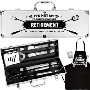 Retirement Gift for Men BBQ Grill Tools Set with Spatula Fork Tongs Brush Apron Heavy Duty Stainless Steel Grilling Accessories in Aluminum Case Retired Gifts for Dad Grandpa Coworker Teacher Boss