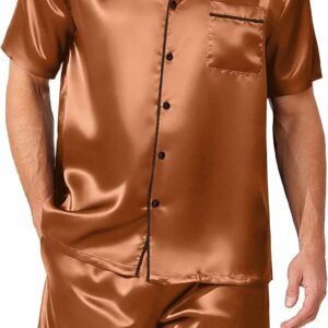 Ekouaer Mens Pajamas Set Silk Satin Sleepwear Short Sleeve Button Down Pjs Set 2 Piece Loungewear with Pockets S-XXL