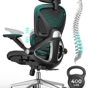 CAPOT Ergonomic Mesh Office Chair, Adjustable Lumbar High Back Desk Chair 400lbs, 4D Flip-up Arms, 3-Level Tilt Backrest, 3D Headrest, PU Wheels, Swivel Rolling Computer Seating for Long Desk Work