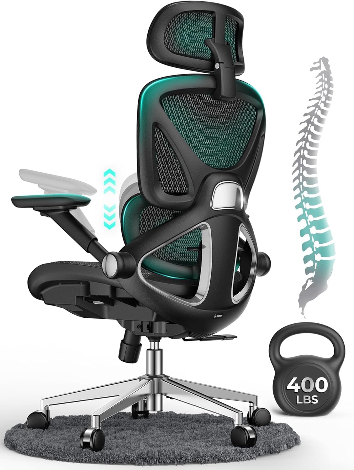 CAPOT Ergonomic Mesh Office Chair, Adjustable Lumbar High Back Desk Chair 400lbs, 4D Flip-up Arms, 3-Level Tilt Backrest, 3D Headrest, PU Wheels, Swivel Rolling Computer Seating for Long Desk Work
