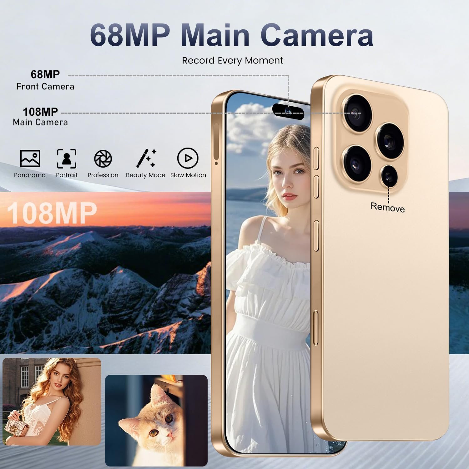 16 PM Smartphone Unlocked Cell Phone, 6.99“ HD Screen5G Phone, 16+512GB phoneunlocked, Android 14.0, 68+108MP Zoom Camera, Fingerprint Button Unlock-and take Photos (Gold) - Image 3