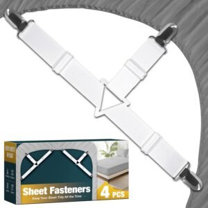4 Pack Adjustable Elastic Straps with Metal Clips, Bed Sheet Fasteners in Assorted Four Sizes, Bedding Suspenders for Mattress Covers, Bed Corner Holders and Keepers (White)