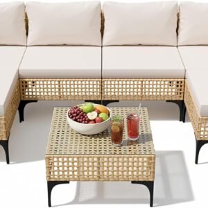 Devoko Patio Furniture Set,7 Pieces Outdoor Wicker Sectional Couch with Thick Cushions &Glass Tabletop, PE Rattan Backyard Conversation Sofa with Coffee Table for Deck, Porch