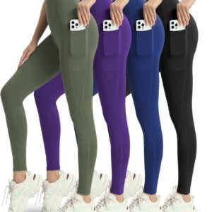 4 Pack Leggings with Pockets for Women – High Waisted Tummy Control Workout Yoga Pants
