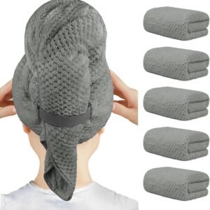 HOMEXCEL 5 Pack Large Microfiber Hair Towel Wrap for Women, Grey- 40 x 20 inches Super Soft, Fast Drying Turbans for Long, Thick, Curly Hair – Anti Frizz Wrap with Elastic Strap