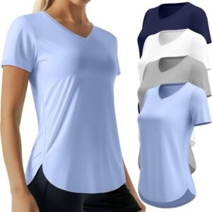 Oakgarden 4 Pack Women’s Workout Tops Quick Dry UPF 50+ Exercise V Neck UV Lightweight Gym Side Slits Curved Hem Shirts