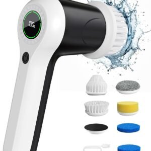 PUFTEM Electric Spin Scrubber, Cordless Shower Scrubber with Battery Level Display, 2 Speeds Electric Scrubber for Cleaning with 6 Replaceable Heads, Cleaning Brush for Bathroom/Sink/Window