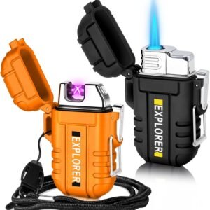2 Pack Waterproof Lighter Outdoor Windproof Torch Lighters Dual Arc Butane Electric Lighters USB Rechargeable Lighters Flameless Plasma Lighter Camping Hiking Adventure Survival Tactical Gear