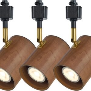 Modern H Type Track Lighting, Adjustable Black Finish and Real Dark Wood Lampshade Spotlight Heads, Brass Swivel Item Kit, for Accent Retail-Pack of 3