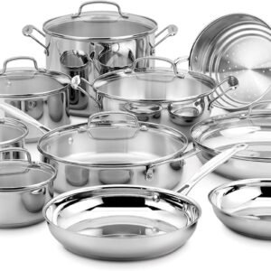 Cuisinart 17-Piece Stainless Steel Cookware Set, Chef’s Classic Steel Collection with Pure Aluminum Core for Quick and Even Heat, Cool Grip Handles, Dishwasher Safe, 77-17N