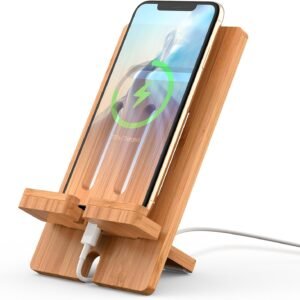 Pezin & Hulin Cell Phone Tablet Stand, Bamboo Wooden Smart Phone Desktop Charging Dock Holder Compatible with Pad, 8 Plus X XS Max XR, All Android Cellphone, Tablet – 1 Pack