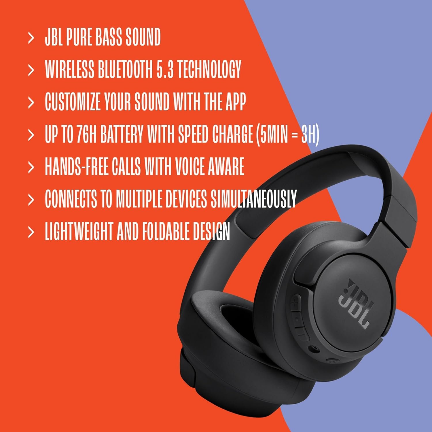 JBL Tune 720BT - Wireless Over-Ear Headphones with JBL Pure Bass Sound, Bluetooth 5.3, Up to 76H Battery Life and Speed Charge, Lightweight, Comfortable and Foldable Design (Black) - Image 7