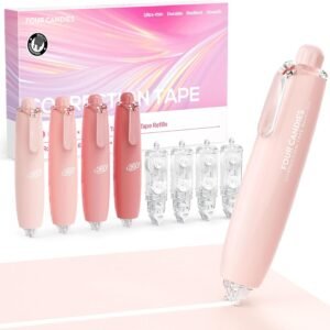 Four Candies Refillable Retractable White Correction Tape, 4PCS Smooth White Pull-Out Tape with 4 Extra Refills, Easy to Use Applicator for Instant Corrections for Office, School Supplies (Pink)