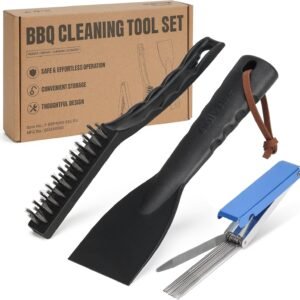 onlyfire Professional BBQ Cleaning Kit, Stainless Steel Burner Cleaner Needles, Heavy-Duty Grill Brush & Plastic Scraper for Unclogging Burners, Scrubbing Grates & Removing Grease -3PCS