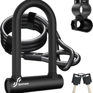 Sportneer Bike Lock: Heavy Duty Anti Theft Bike U Lock with 5ft Security Steel Cable – 17mm Shackle Bicycle U-Locks with 2 Keys & Mounting Bracket for Road Mountain Bike, Size 7.76”x5.02”, 1.64lb