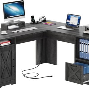 YITAHOME L Shaped Desk with Power Outlets, 60 Inch Computer Desk Corner Desk with File Drawer, Home Office Desk with Monitor Stand & Storage Shelves, L-Shaped Desk with File Cabinet, Grey