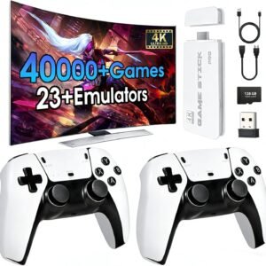 2026 New Wireless Retro Game Console, 23 Emulators and 40000+Games, with Dual 2.4G Wireless Controllers Plug and Play 4K HDMI TV Game Stick (128G) White